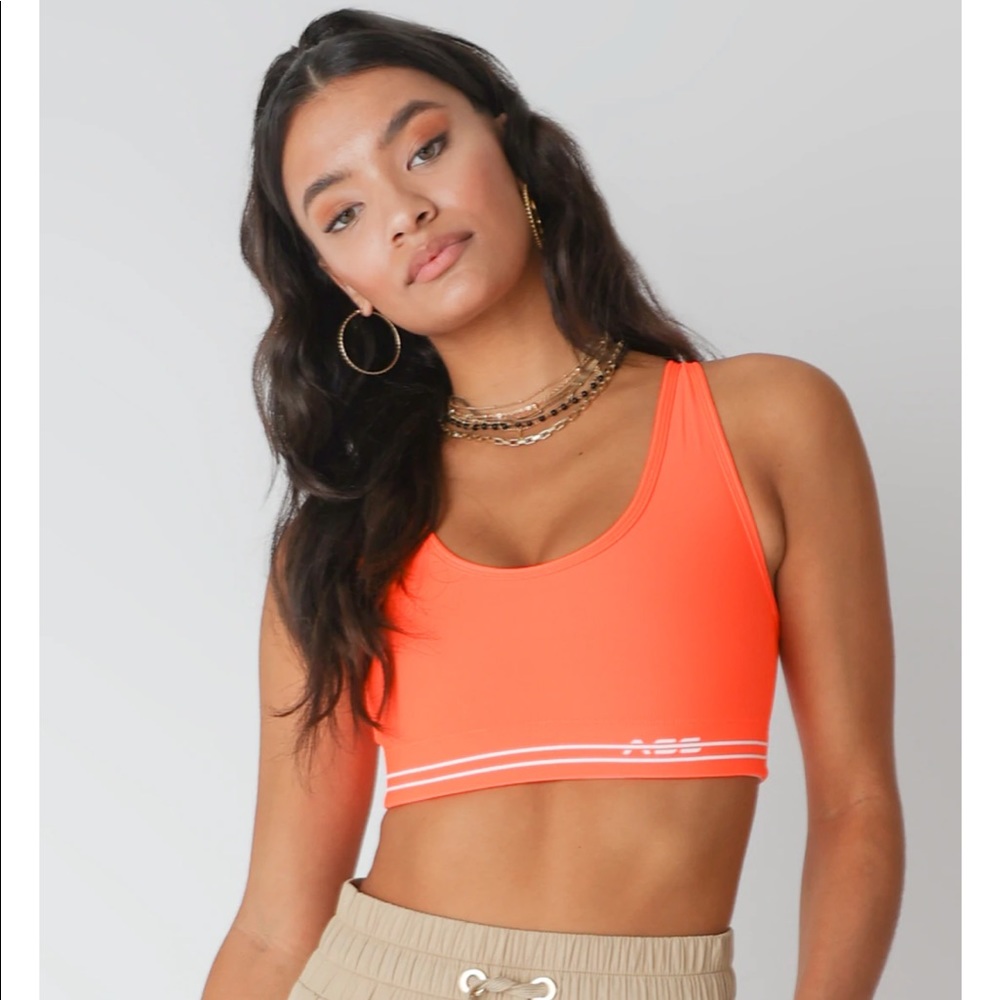 Adam Selman Sport set. Cross-back bra and French Cut Biker Short in Hazard.